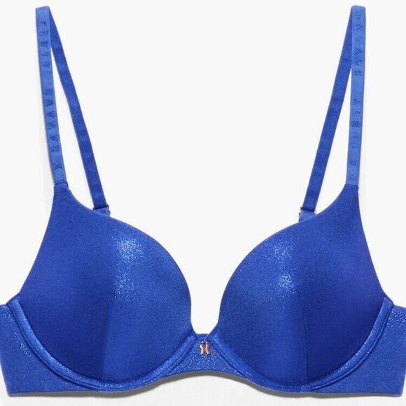 Savage X Fenty Core Microfiber Blue Metallic Shiny Push Up Plunge Bra, size 32C - Picture 1 of 5